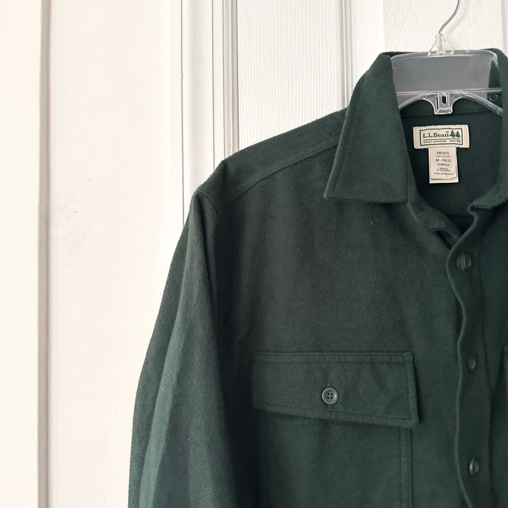 LL Bean Men Dark Green Button Down Cotton Chamois Flannel Shirt MT03 Medium - Picture 2 of 8